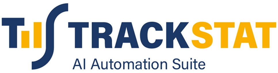 TrackStat logo featuring blue and orange lettering with a stylized 'T' symbol and the subtitle 'AI Automation Suite'