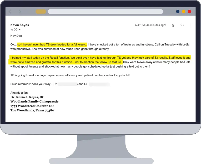 Screenshot-like email open on a computer screen from Kevin Keyes to DC, discussing TS download and a Recall function, with highlighted lines about not having TS downloaded for a full week and staff reactions and excitement.