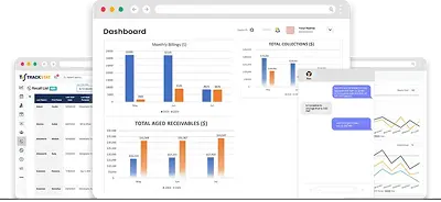 Multiple desktop app windows showing analytics dashboards with bar and line charts and a chat sidebar.