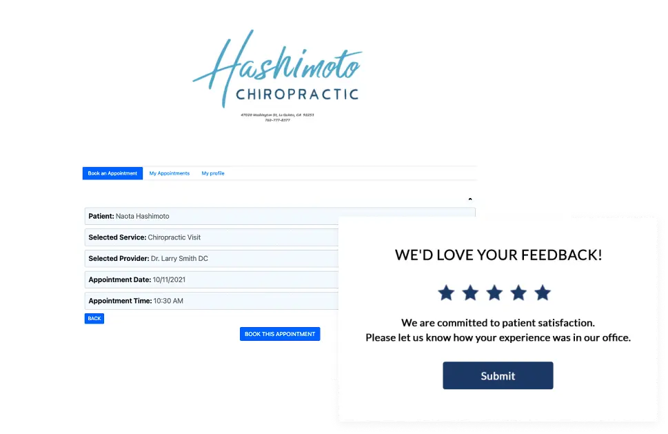 Online booking and patient review workflow with patient, service, provider, date, and time selections