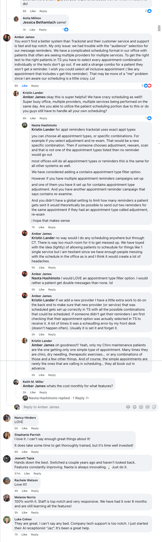 Second half of the same thread. Jessica Bethamlach has been staffless for three years. Amber James raises the one real limitation: reminders key to exact appointment types, so a practice with patients seeing multiple providers for multiple services must select every combination individually or texts do not go out. Naota Hashimoto replies in the thread explaining how appointment types work and that a "contains" filter has been considered.